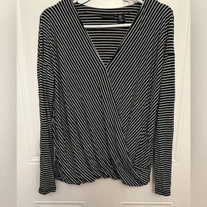 Tahari Long Sleeve Black and White Striped Shirt Faux Wrap Size Medium
